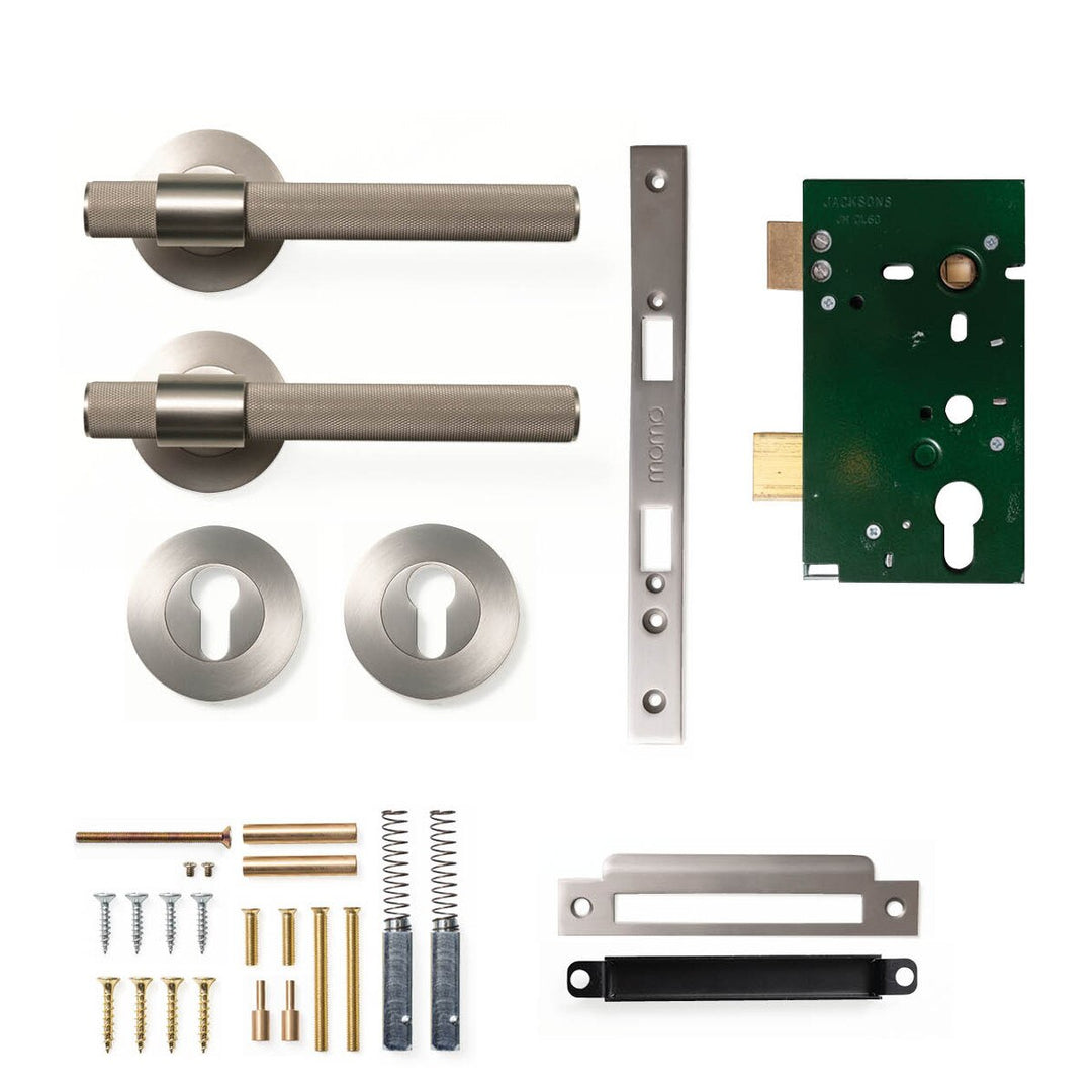 Belgravia Knurled Lever Mortice Entrance Set Dull Brushed Nickel