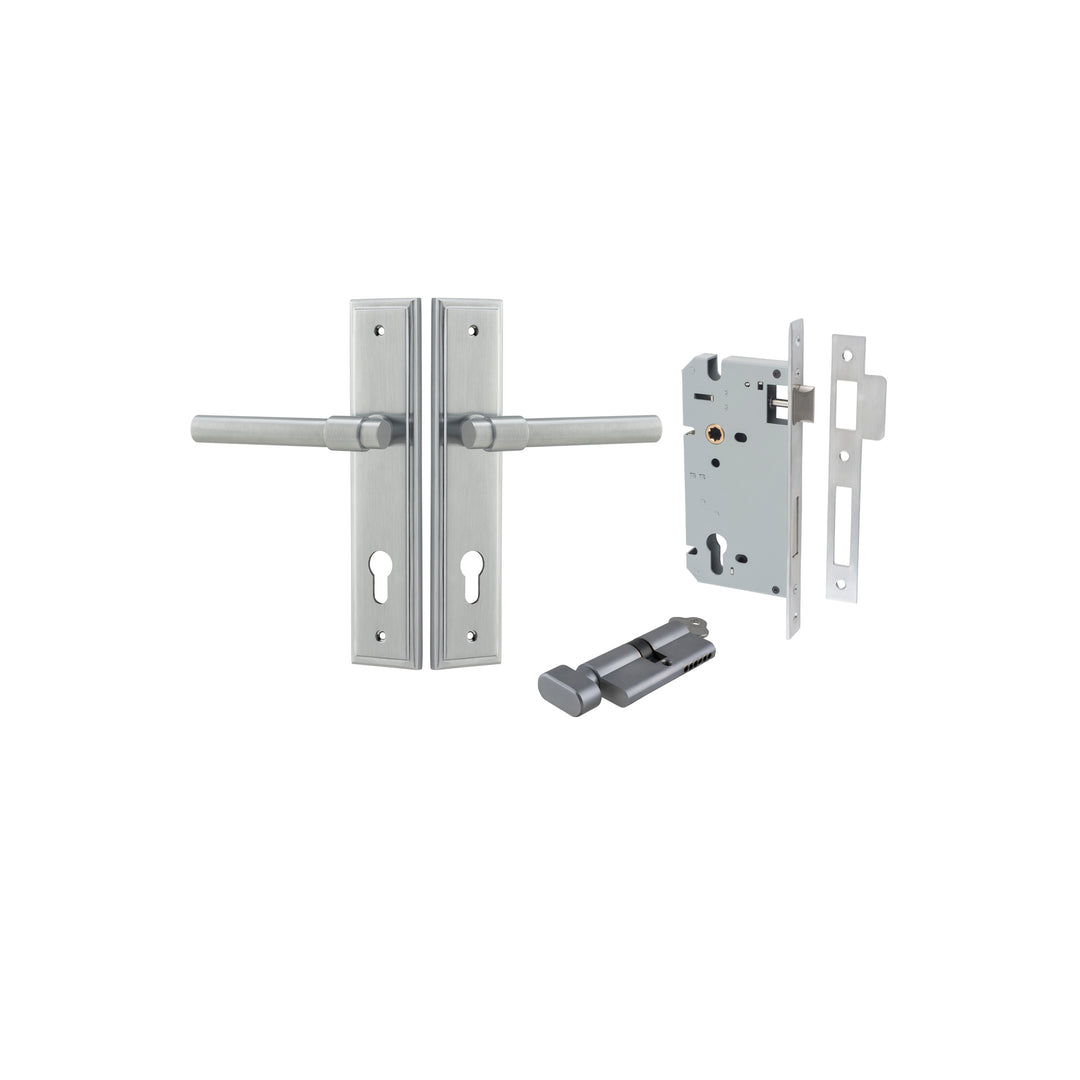 Helsinki Lever Stepped Brushed Chrome Entrance Kit - Key/Thumb Turn
