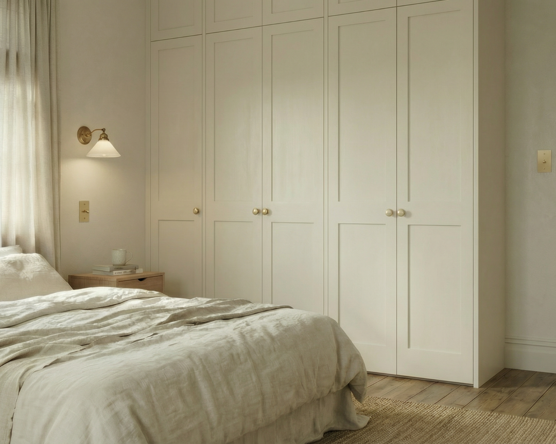 Light-filled bedroom with built-in panelled wardrobes featuring brass knobs, a wall-mounted brass light, linen bedding and a timber floor, showing coordinated finishes in a calm, timeless home.
