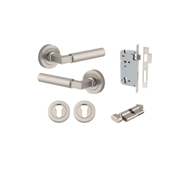 Berlin Lever on Rose Satin Nickel Entrance Kit - Key/Thumb Turn