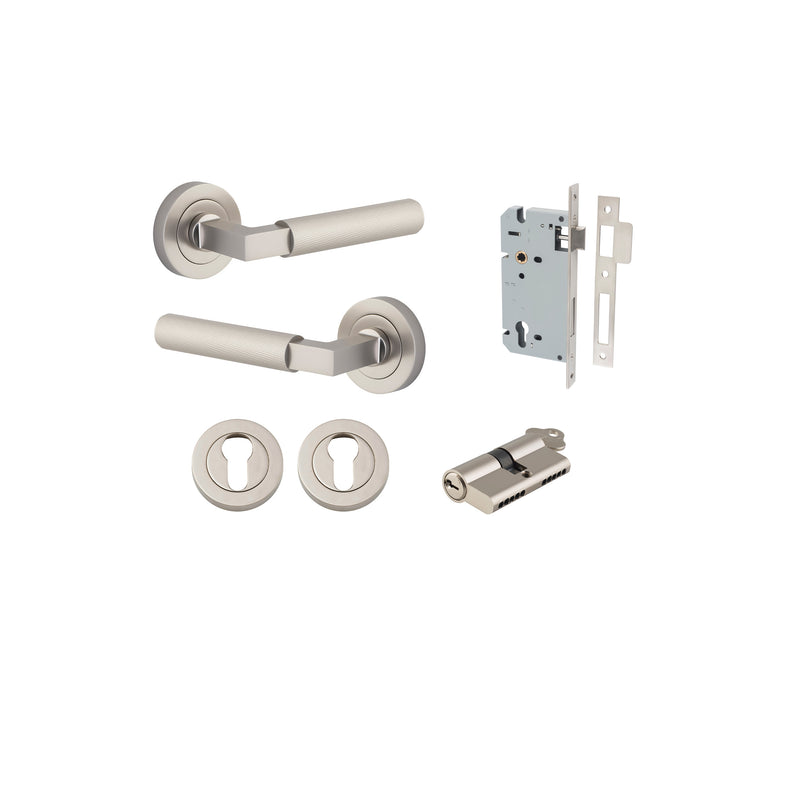 Brunswick Lever on Rose Satin Nickel Entrance Kit - Key/Key