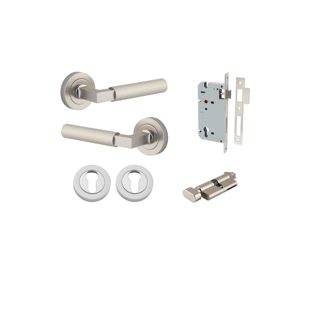 Brunswick Lever on Rose Satin Nickel Entrance Kit - Key/Thumb Turn