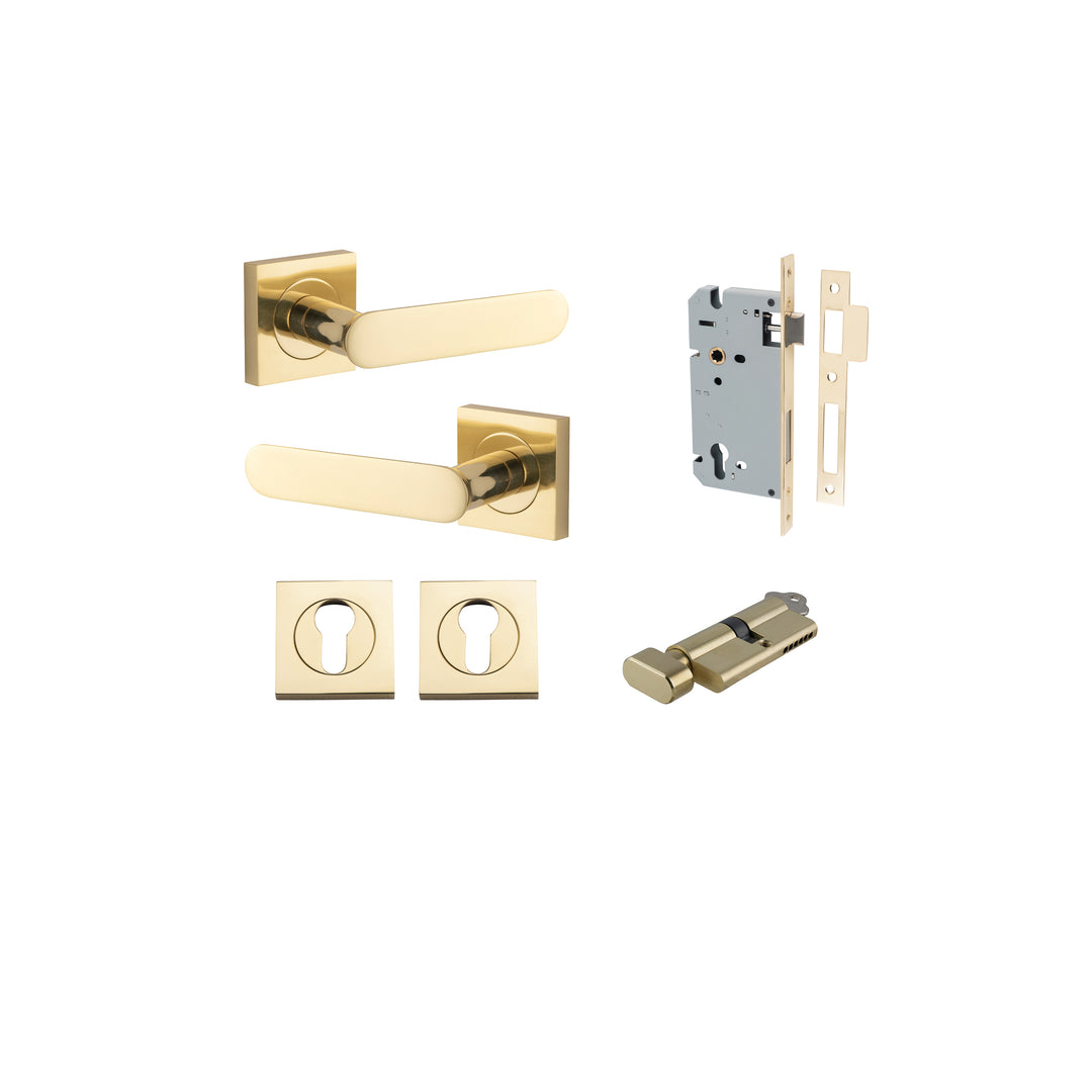 Bronte Lever on Square Rose Polished Brass Entrance Kit - Key/Thumb Turn