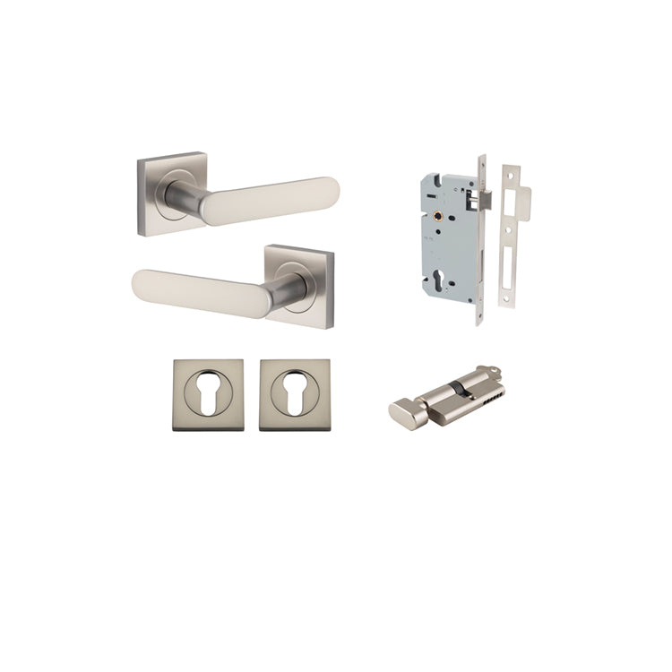 Bronte Lever on Square Rose Satin Nickel Entrance Kit - Key/Thumb Turn