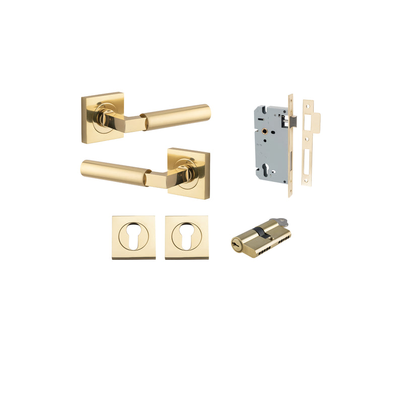 Berlin Lever on Square Rose Polished Brass Entrance Kit - Key/Key