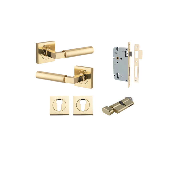 Berlin Lever on Square Rose Polished Brass Entrance Kit - Key/Thumb Turn