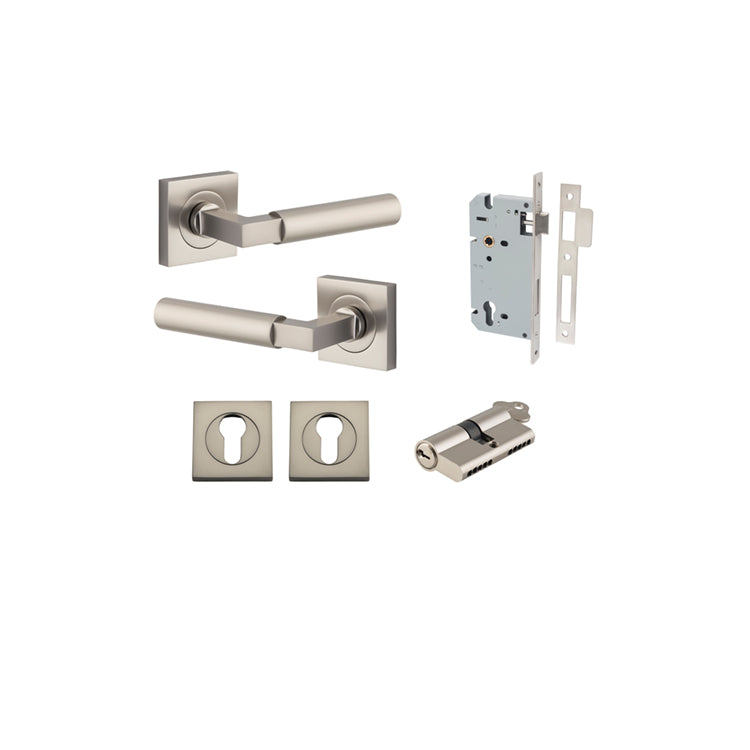 Berlin Lever on Square Rose Satin Nickel Entrance Kit - Key/Key