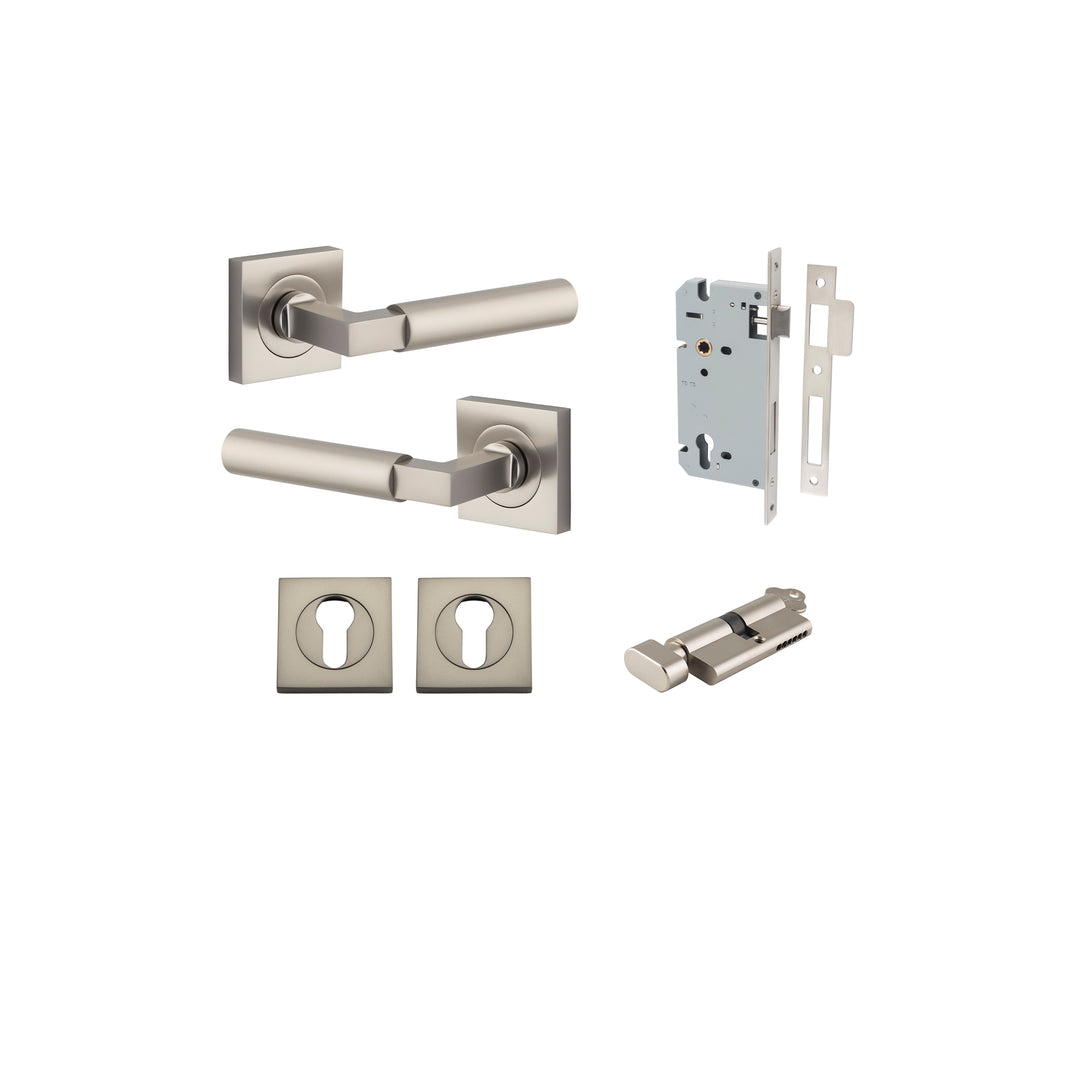 Berlin Lever on Square Rose Satin Nickel Entrance Kit - Key/Thumb Turn