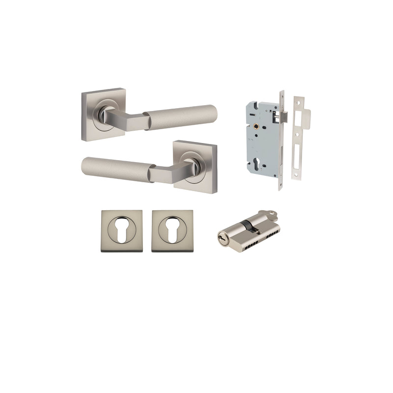 Brunswick Lever on Square Rose Satin Nickel Entrance Kit - Key/Key