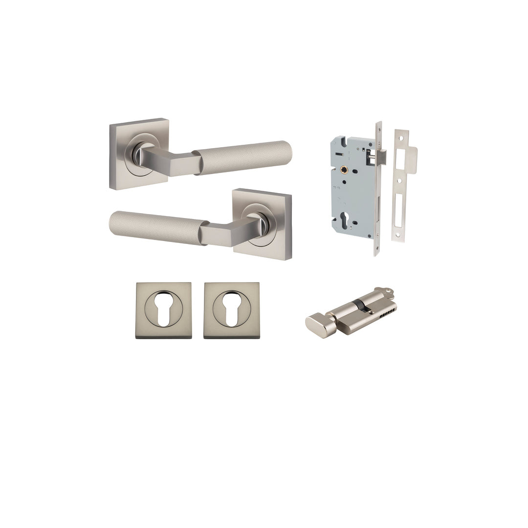 Brunswick Lever on Square Rose Satin Nickel Entrance Kit - Key/Thumb Turn