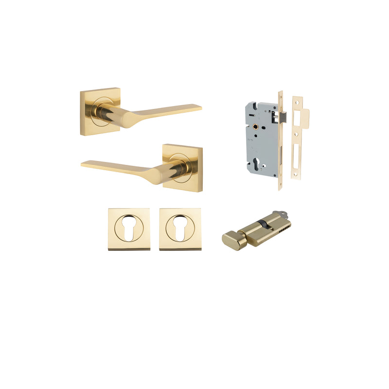 Como Lever on Square Rose Polished Brass Entrance Kit - Key/Thumb Turn