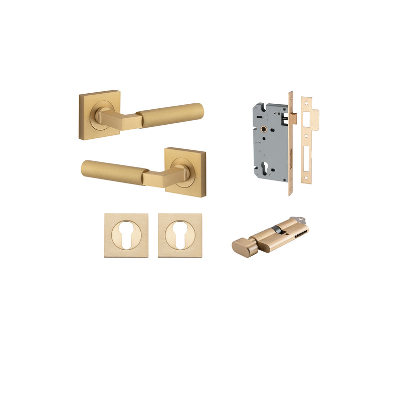 Berlin Lever on Square Rose Brushed Brass Entrance Kit - Key/Thumb Turn