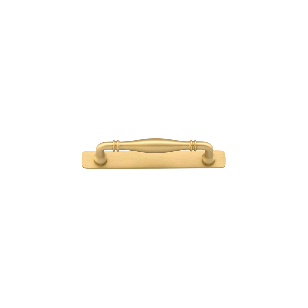 Sarlat Cabinet Pull with Backplate Brushed Gold PVD CTC 128mm