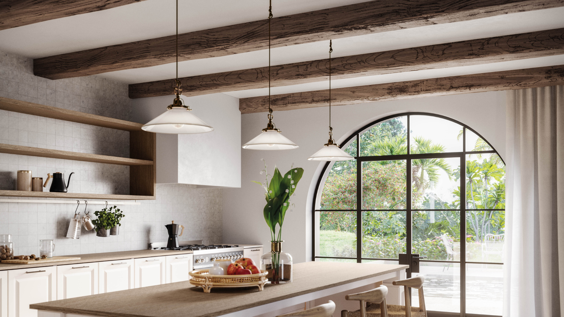 Rustic kitchen with wooden beams, Italian Venetian glass pendant lights, and a large arched steel French doors.