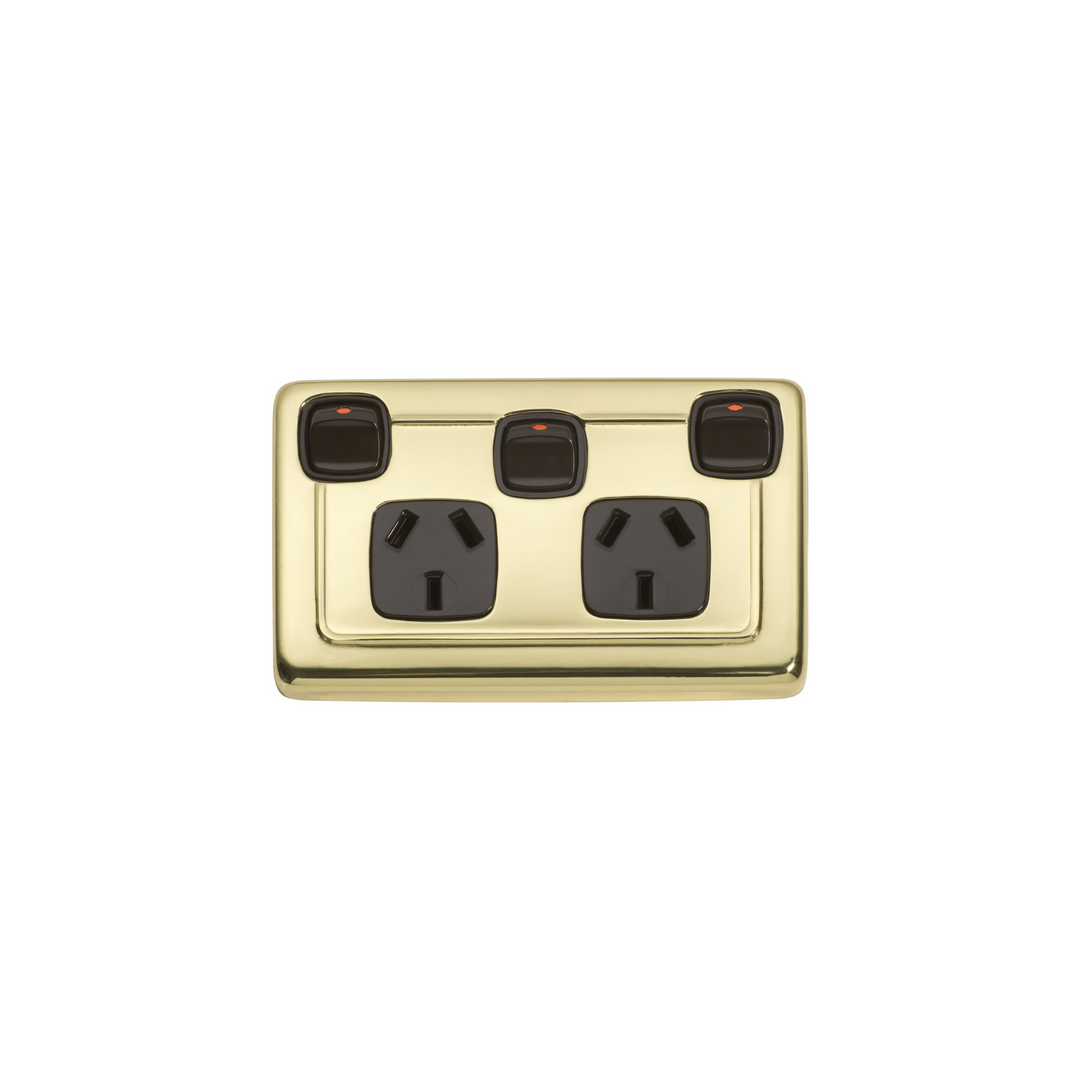Double Power Point with Extra Switch Polished Brass/Brown