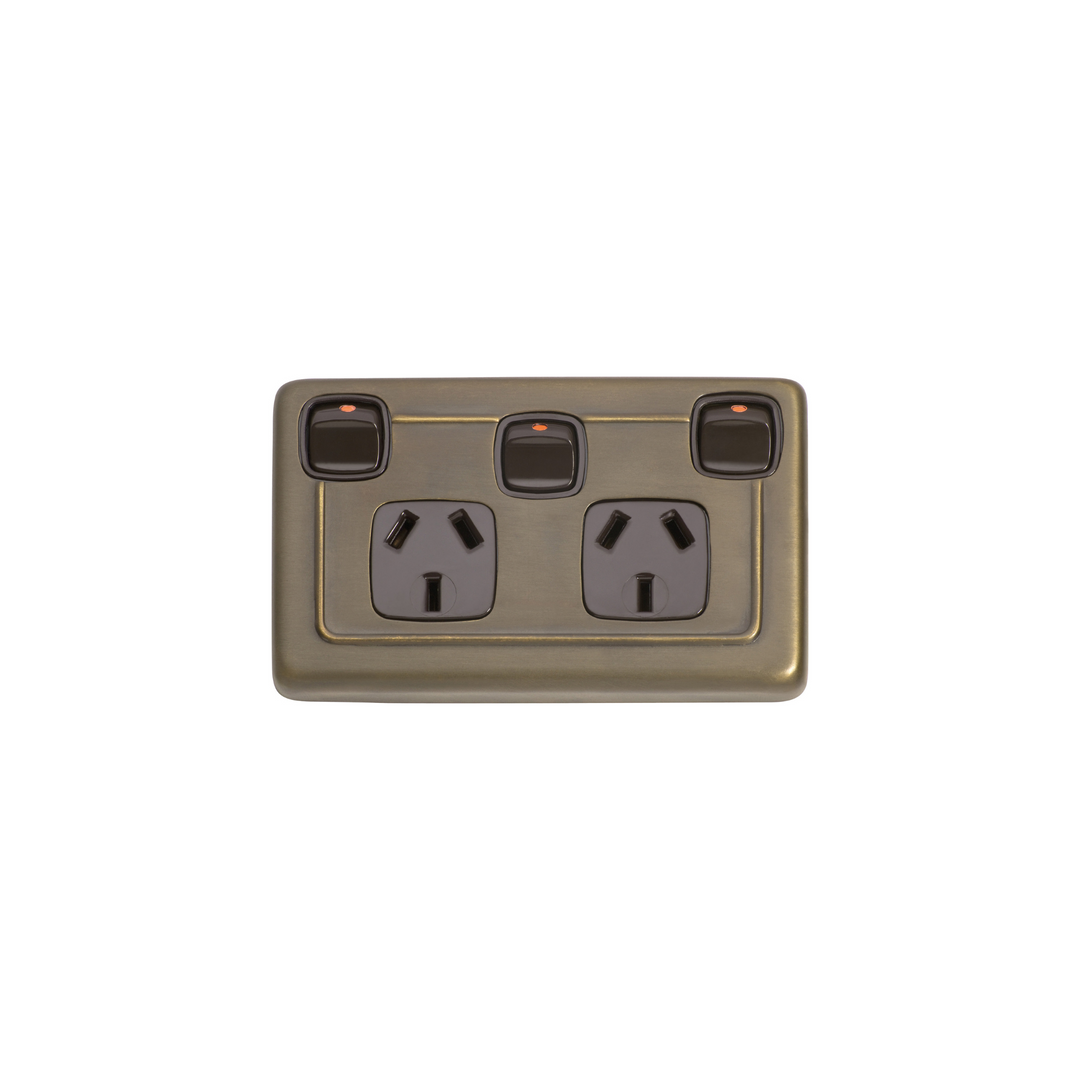 Double Power Point with Extra Switch Antique Brass/Brown