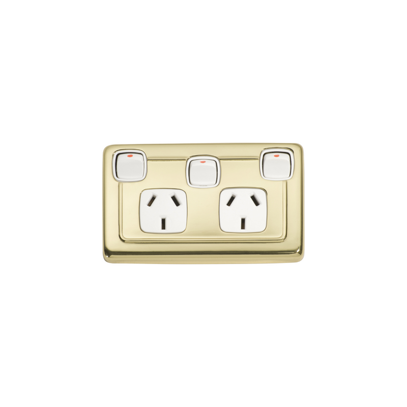 Double Power Point with Extra Switch Polished Brass/White