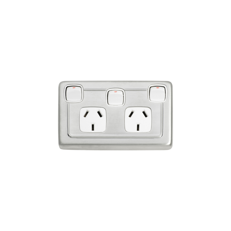 Double Power Point with Extra Switch Satin Chrome/White