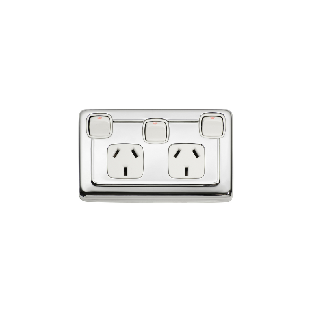 Double Power Point with Extra Switch Polished Chrome/White