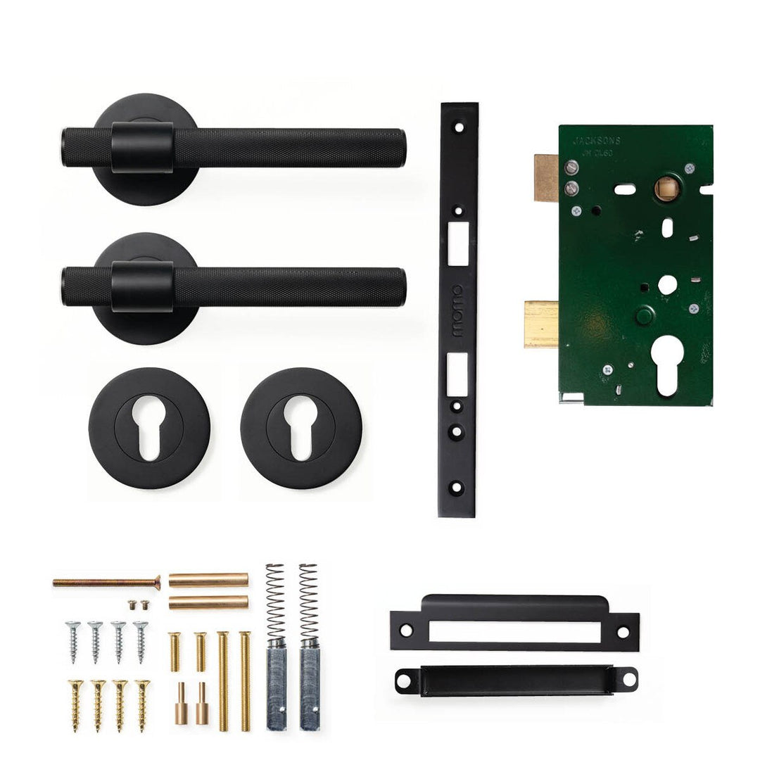 Belgravia Knurled Lever Mortice Entrance Set Matt Black