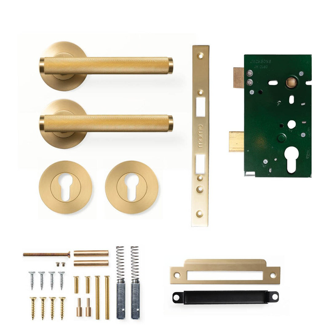 Bellevue Knurled Lever Mortice Entrance Set Brushed Satin Brass
