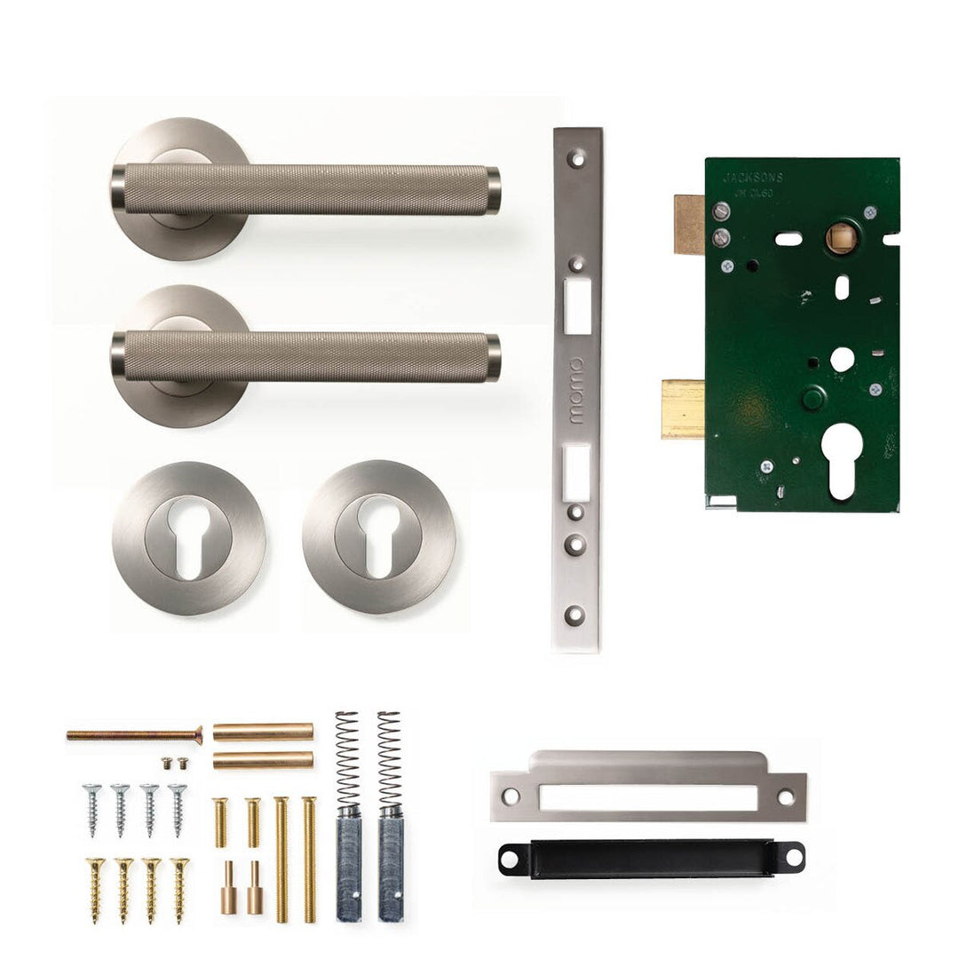 Bellevue Knurled Lever Mortice Entrance Set Dull Brushed Nickel