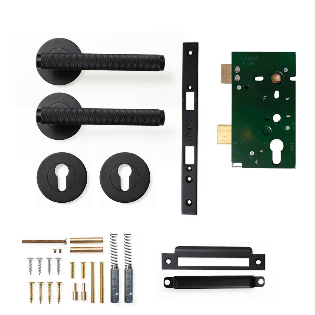 Bellevue Knurled Lever Mortice Entrance Set Matt Black