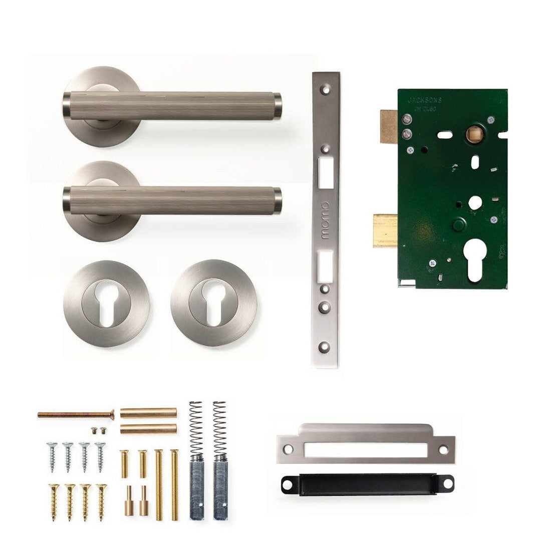 Bellevue Lined Lever Mortice Entrance Set Dull Brushed Nickel