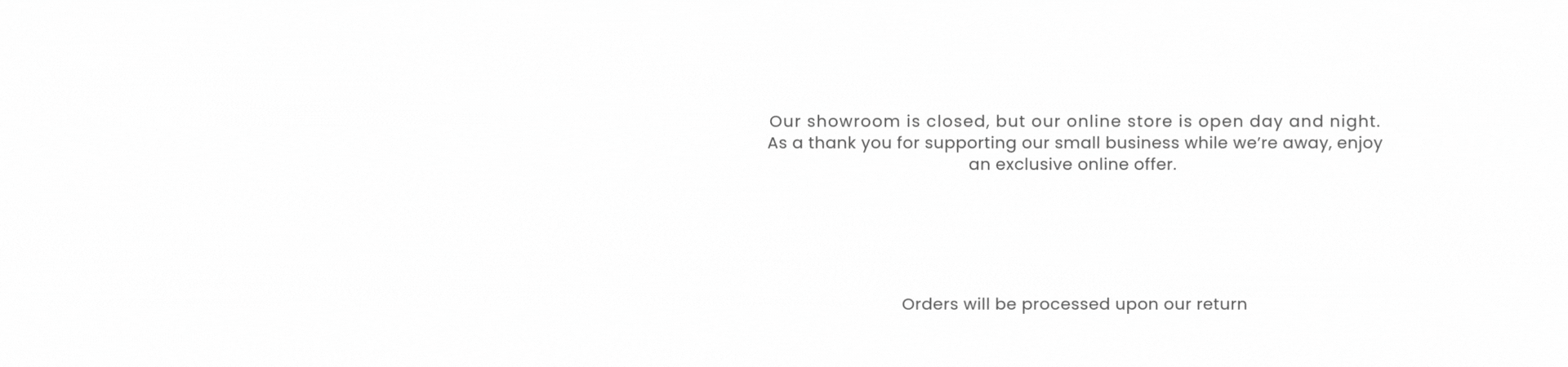 White banner with red Christmas baubles and text explaining that The Renovation Shop showroom is closed for Christmas, the online store remains open, an exclusive online offer is available, and orders will be processed upon return.