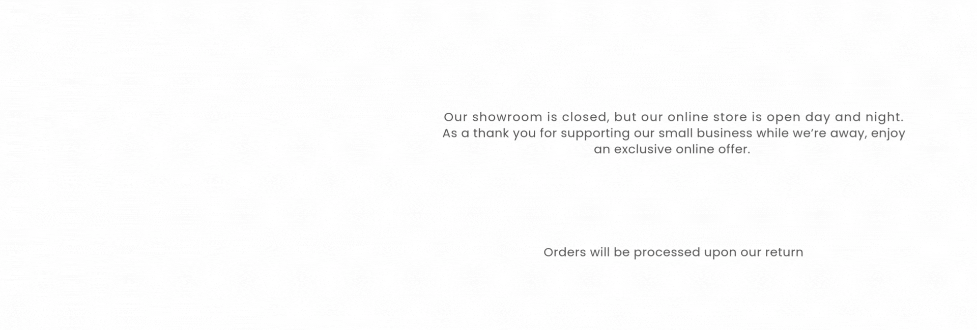 White banner with red Christmas baubles and text explaining that The Renovation Shop showroom is closed for Christmas, the online store remains open, an exclusive online offer is available, and orders will be processed upon return.