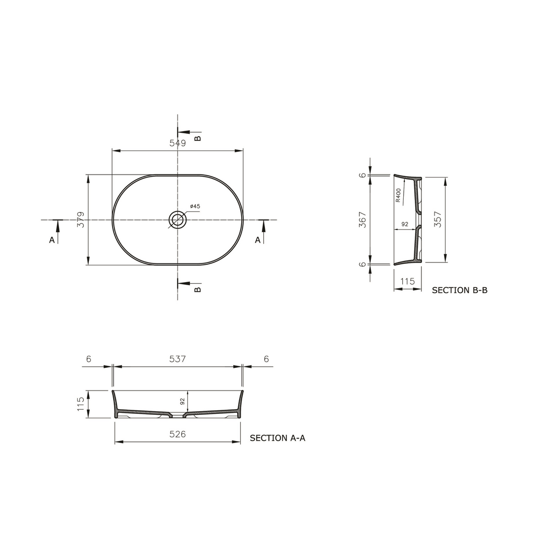 Fino 55 x 38 Above Counter Fireclay Basin Matte White