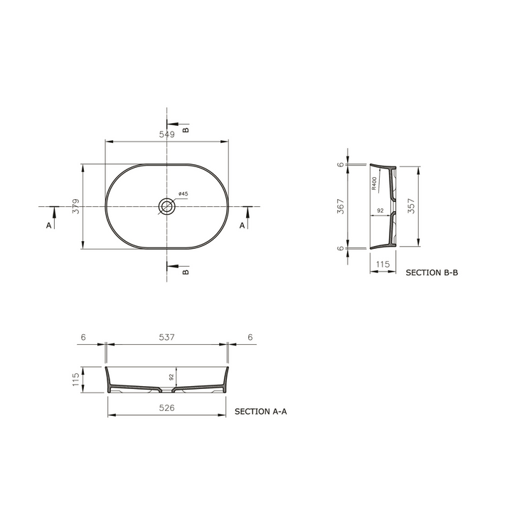Fino 55 x 38 Above Counter Fireclay Basin Matte White