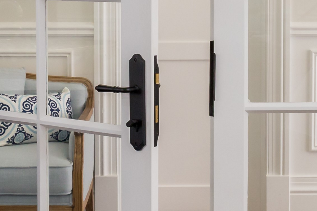 White French doors with Sarlat lever handles and rebated mortice lock