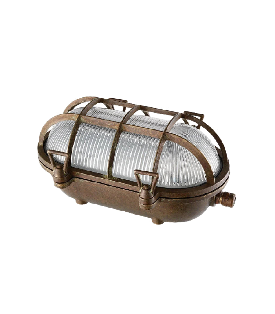 Bronze outdoor light fixture with clear glass on a white background