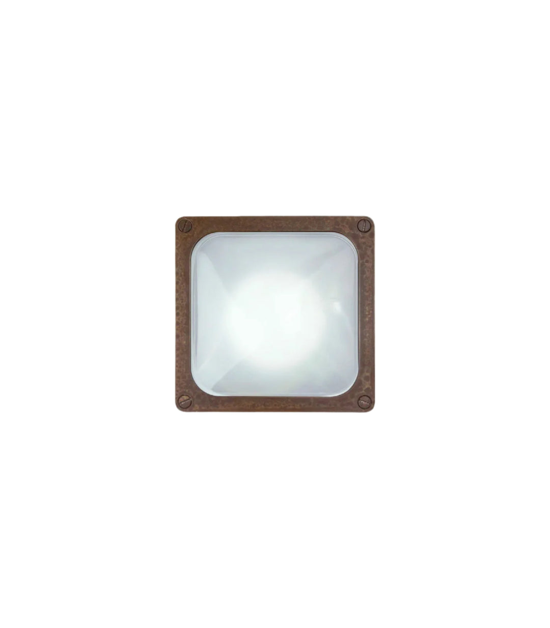 Square wall light fixture with aged brass frame on a white background