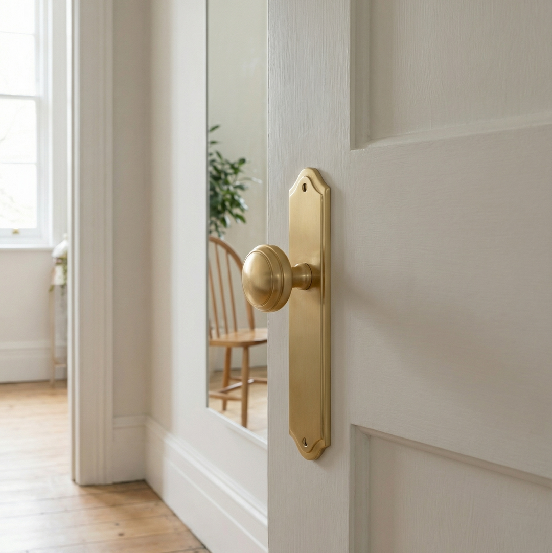 Traditional brass door knob on a long backplate fitted to a panelled internal door