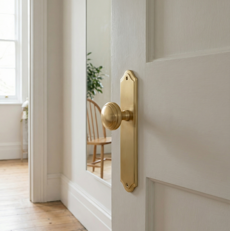 Traditional brass door knob on a long backplate fitted to a panelled internal door