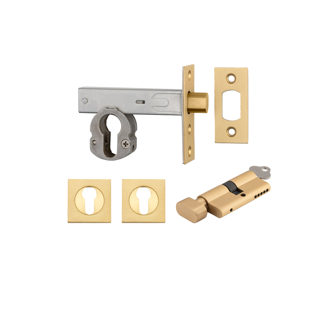 Euro Mortice Deadbolt Brushed Brass Key/Thumb Escutcheon Square Kit