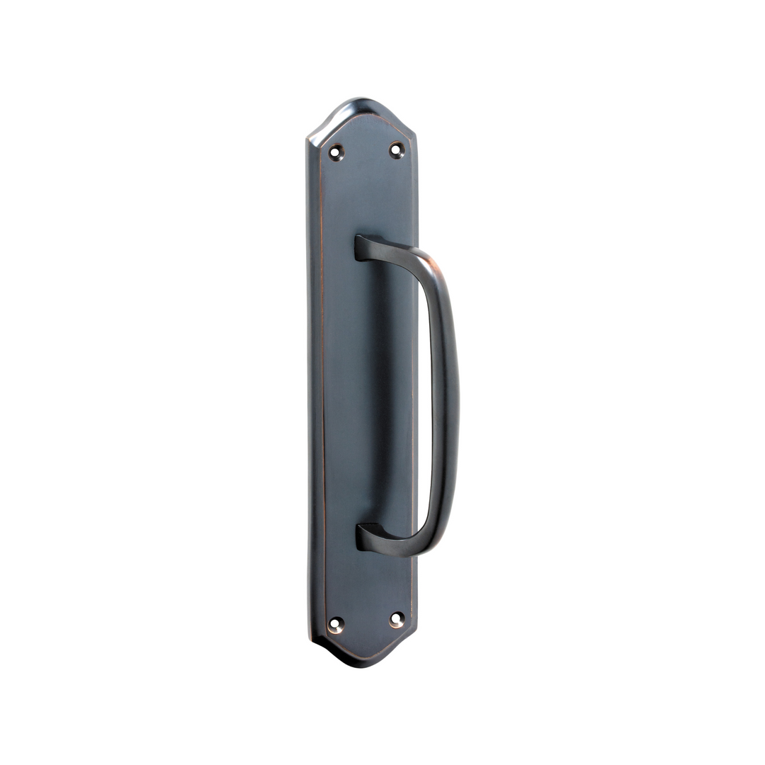 Offset Pull Handle on Backplate Antique Copper