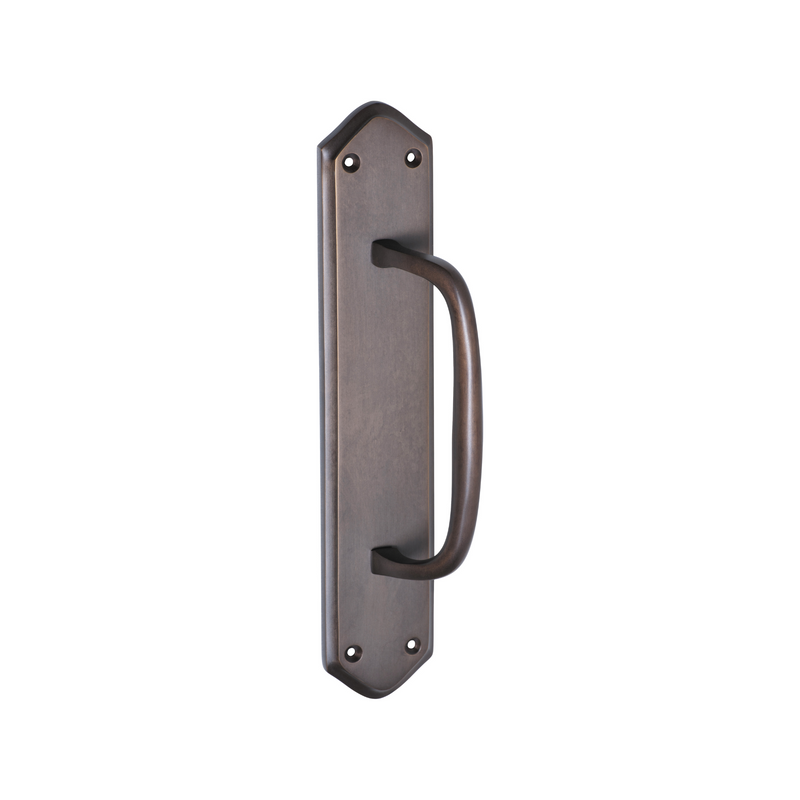 Offset Pull Handle on Backplate Antique Brass