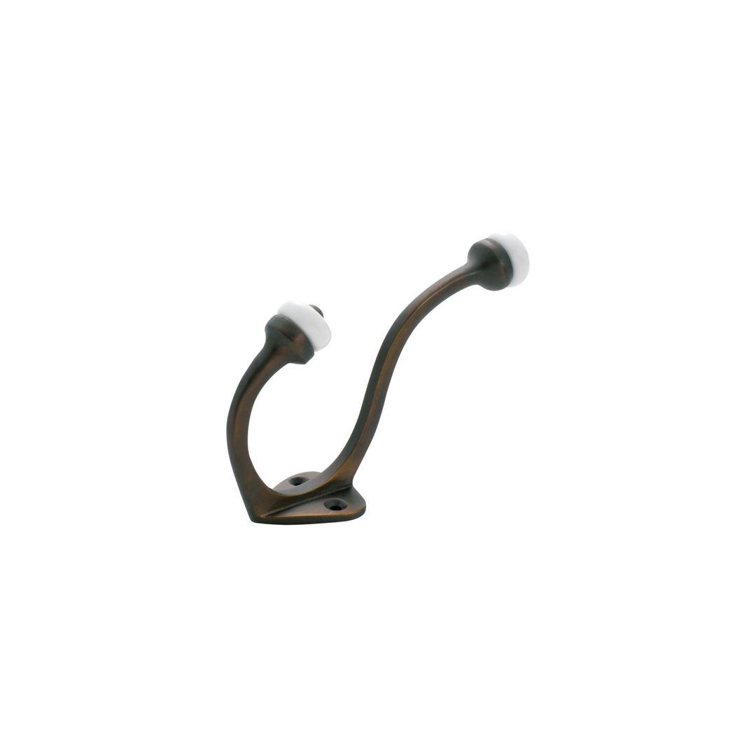 Hat & Coat Hook - Porcelain Tip Antique Brass