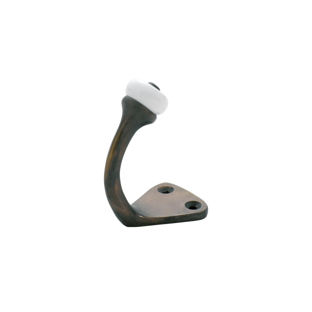 Robe Hook - Porcelain Tip Antique Brass