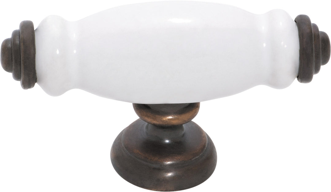 Cabinet 'T' Pull Handle White Porcelain/Antique Brass
