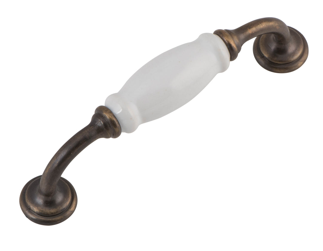 Cabinet 'D' Pull Handle Small White Porcelain/Antique Brass