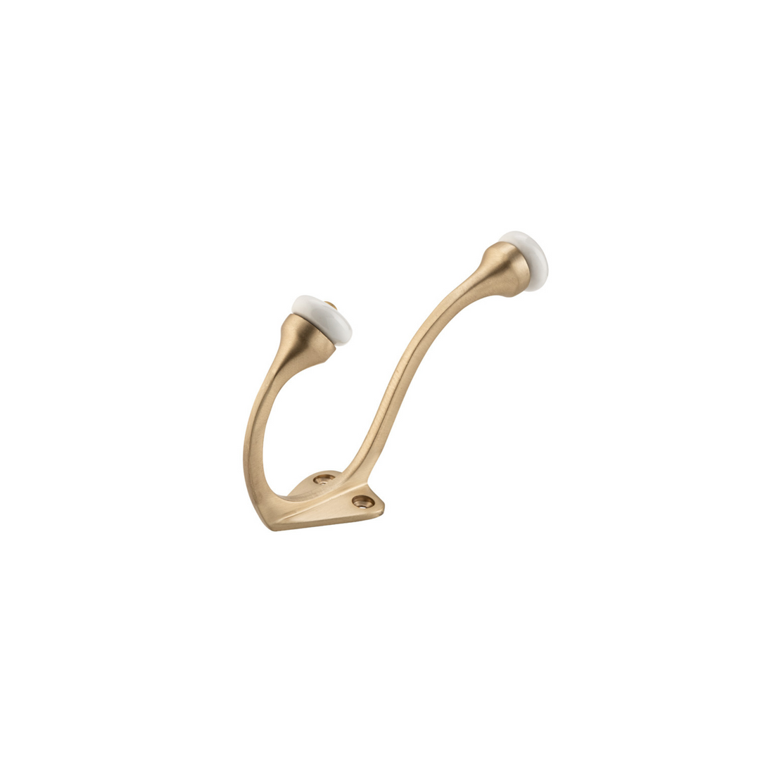 Hat & Coat Hook - Porcelain Tip Satin Brass