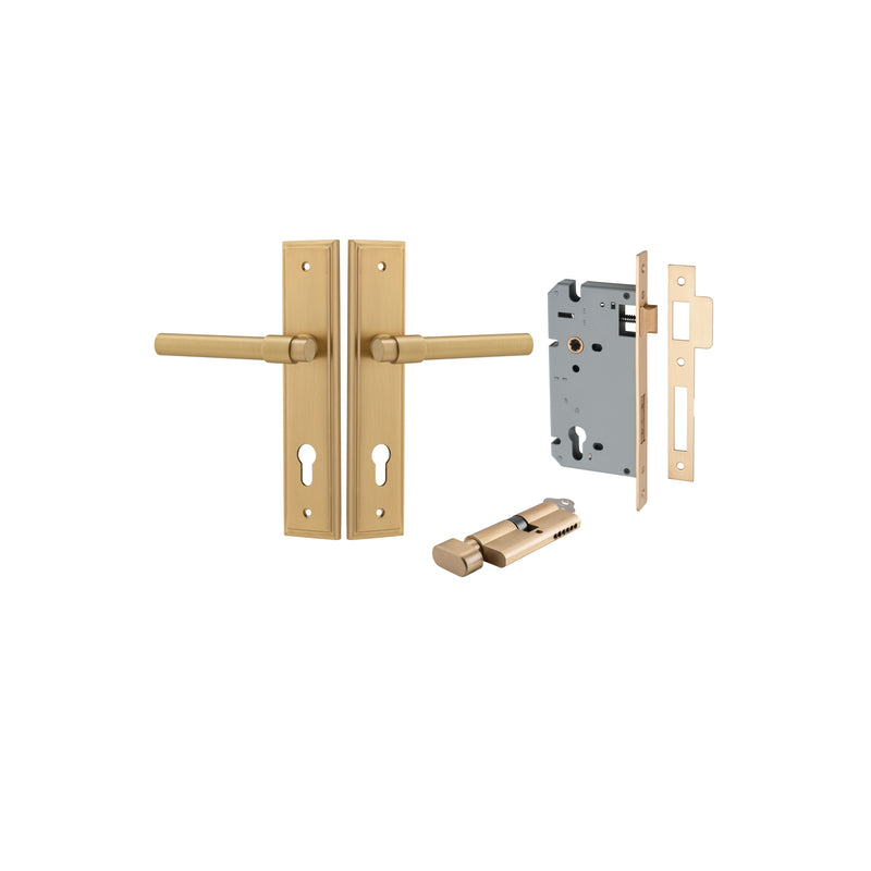 Helsinki Lever Stepped Brushed Brass Entrance Kit - Key/Thumb Turn