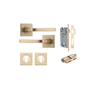 Annecy Lever on Square Rose Brushed Brass Entrance Kit - Key/Key