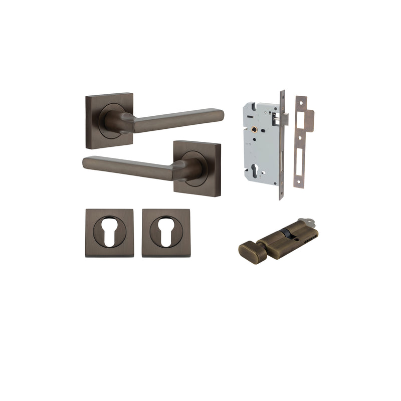 Baltimore Lever on Square Rose Signature Brass Entrance Kit - Key/Thumb Turn