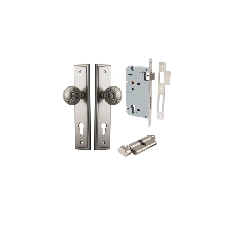 Guildford Knob Stepped Satin Nickel Entrance Kit - Key/Thumb Turn