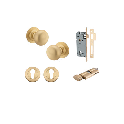 Cambridge Knob on Rose Brushed Brass Entrance Kit - Key/Thumb Turn